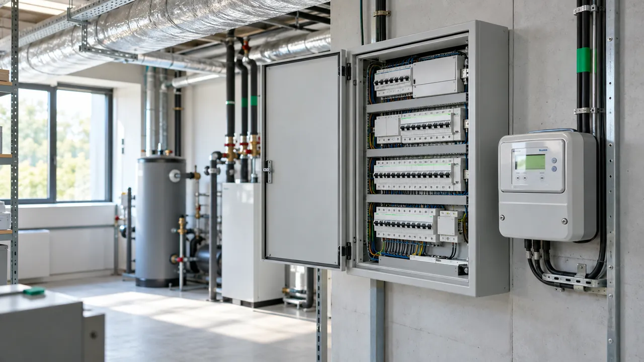 Local technique d'un bâtiment professionnel : armoire électrique ouverte, compteur d'énergie, gaines de ventilation et réseau de chauffage